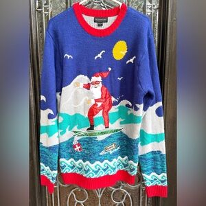 Blizzard Bay Surfing Santa Men’s Ugly Christmas Sweater size Large